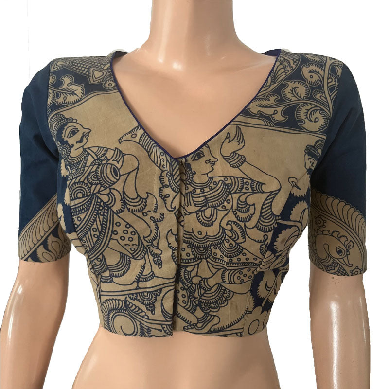 Kalamkari Mul Cotton V neck Blouse with Lining, Ivory blue, BK1283