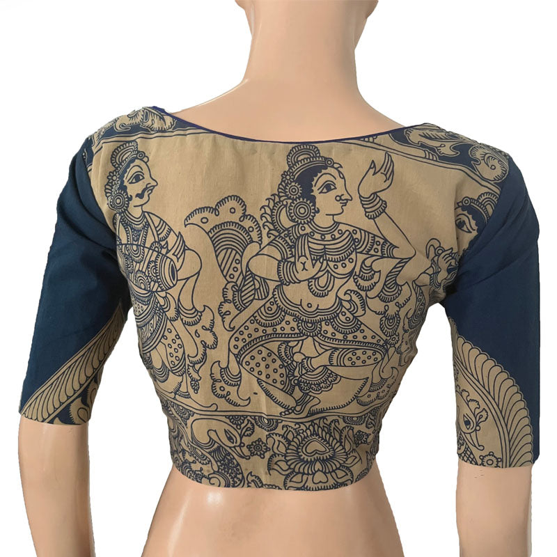 Kalamkari Mul Cotton V neck Blouse with Lining, Ivory blue, BK1283