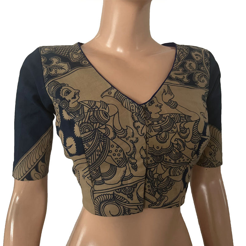 Kalamkari Mul Cotton V neck Blouse with Lining, Ivory blue, BK1283