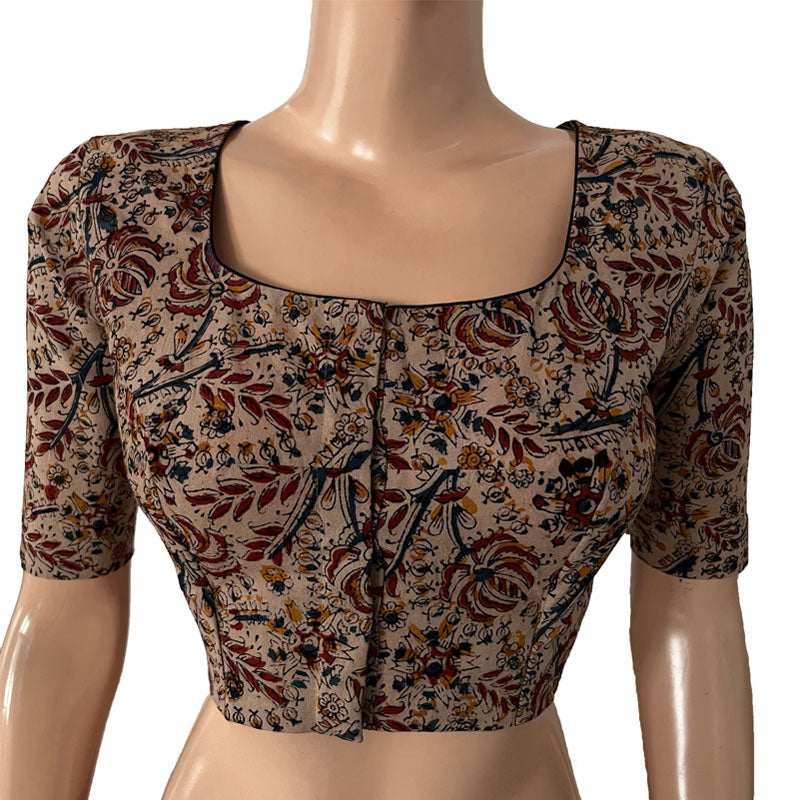 Kalamkari Cotton Square - U neck Blouse, Beige - Maroon, BK1284