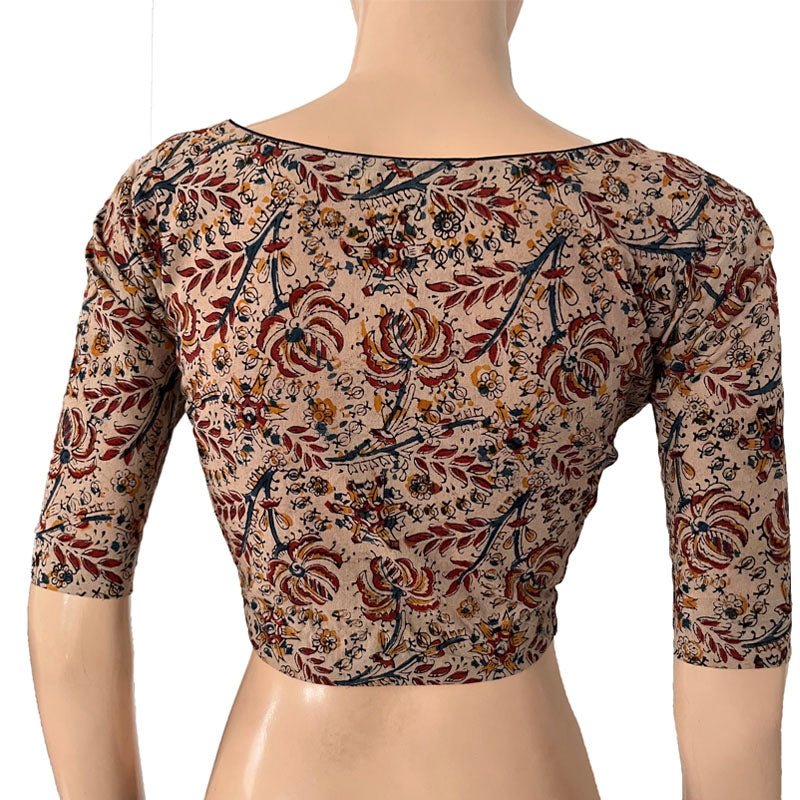 Kalamkari Cotton Square - U neck Blouse, Beige - Maroon, BK1284