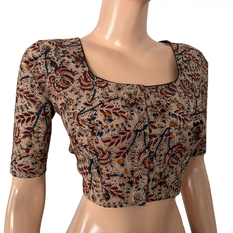 Kalamkari Cotton Square - U neck Blouse, Beige - Maroon, BK1284