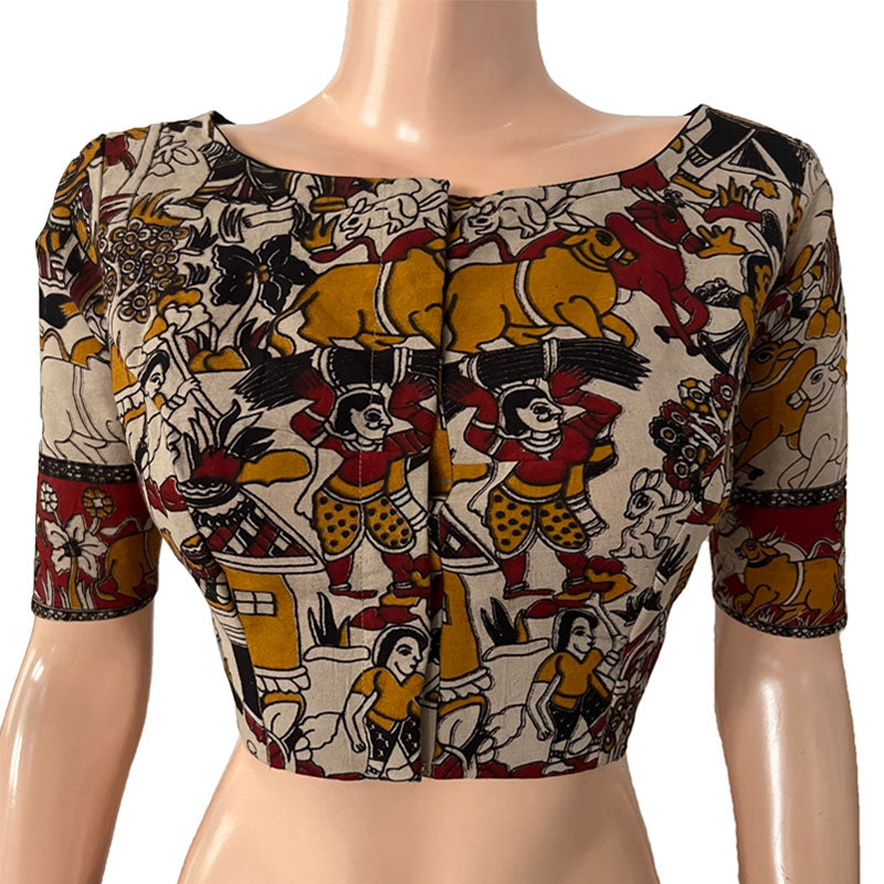 Kalamkari Mul Cotton Boat neck Blouse with Lining, Multicolor, BK1285