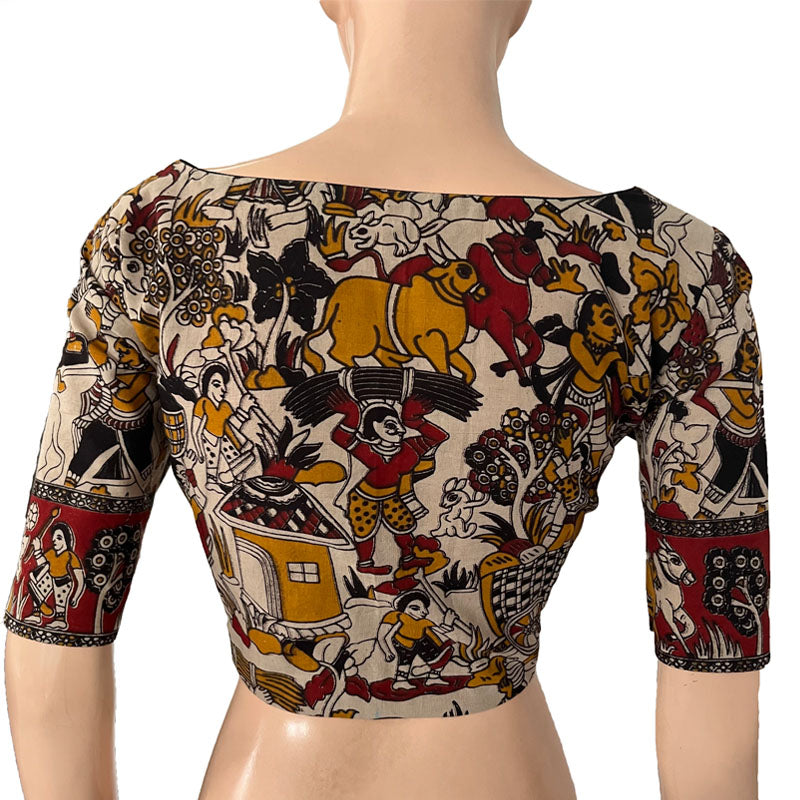 Kalamkari Mul Cotton Boat neck Blouse with Lining, Multicolor, BK1285