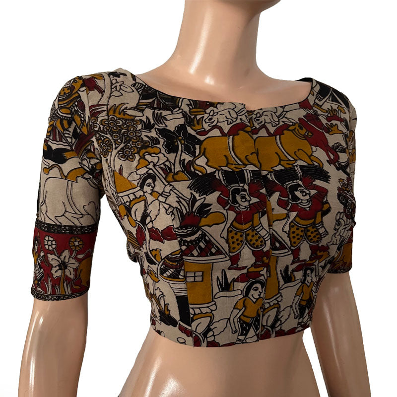 Kalamkari Mul Cotton Boat neck Blouse with Lining, Multicolor, BK1285