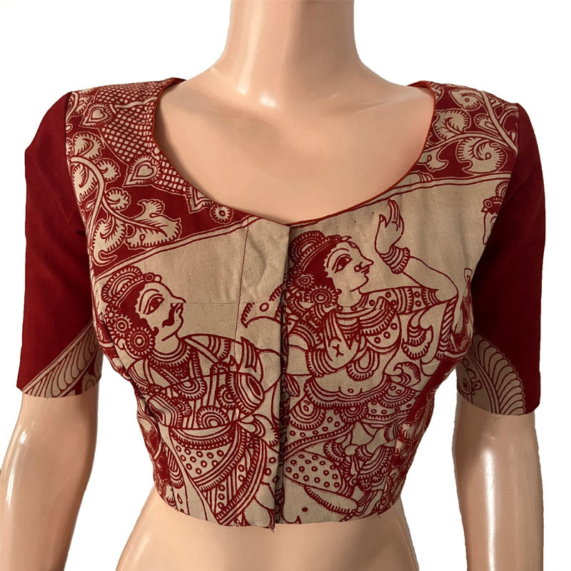 Kalamkari Mul Cotton Round neck Blouse with Lining, Beige - Maroon, BK1286
