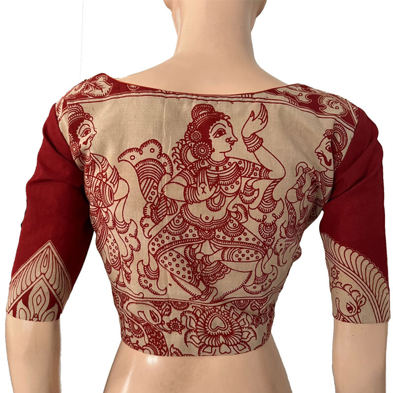 Kalamkari Mul Cotton Round neck Blouse with Lining, Beige - Maroon, BK1286