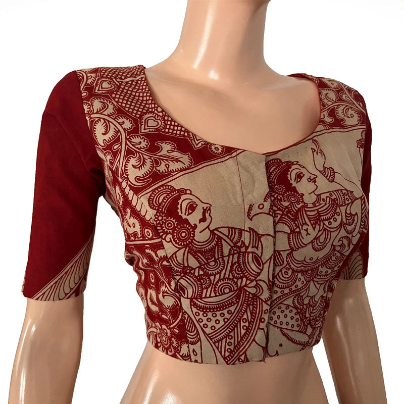 Kalamkari Mul Cotton Round neck Blouse with Lining, Beige - Maroon, BK1286