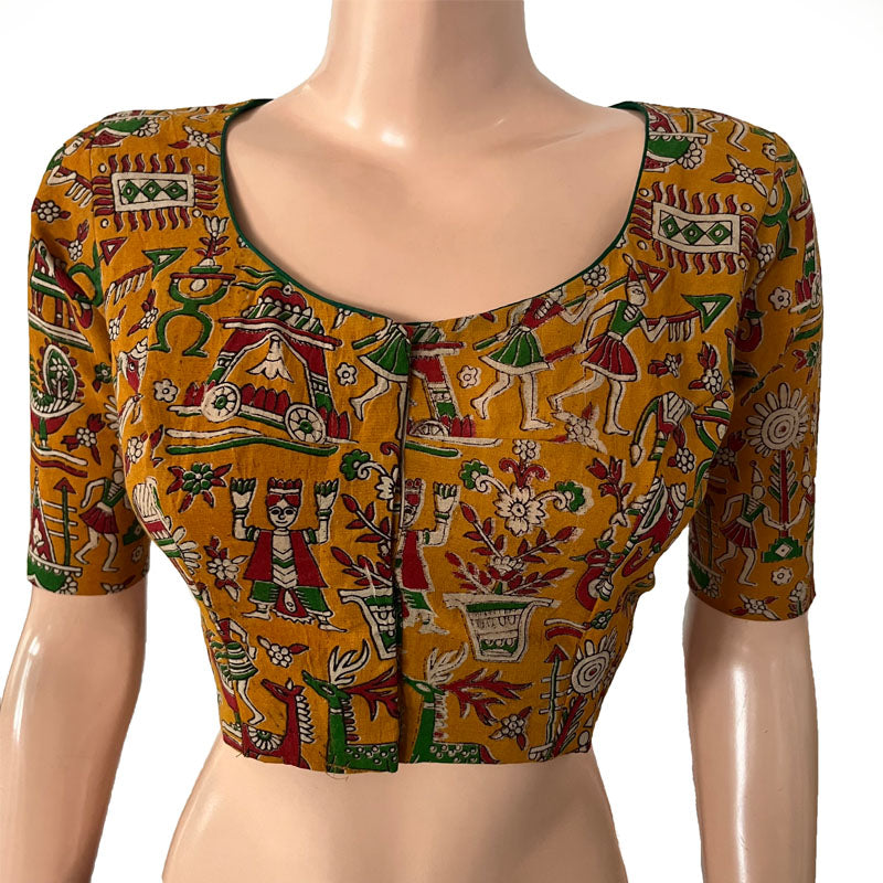 Kalamkari Cotton Round neck Blouse, Yellow, BK1289