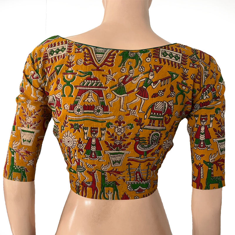 Kalamkari Cotton Round neck Blouse, Yellow, BK1289