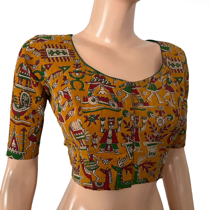Kalamkari Cotton Round neck Blouse, Yellow, BK1289