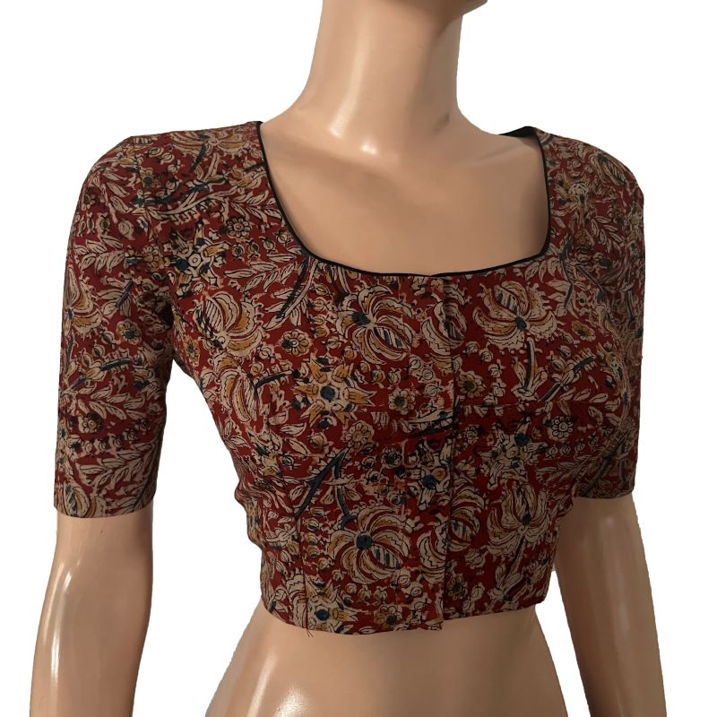 Kalamkari Cotton Square U neck Blouse , Maroon, BK1292