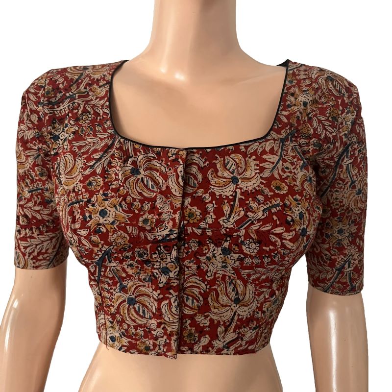 Kalamkari Cotton Square U neck Blouse , Maroon, BK1292