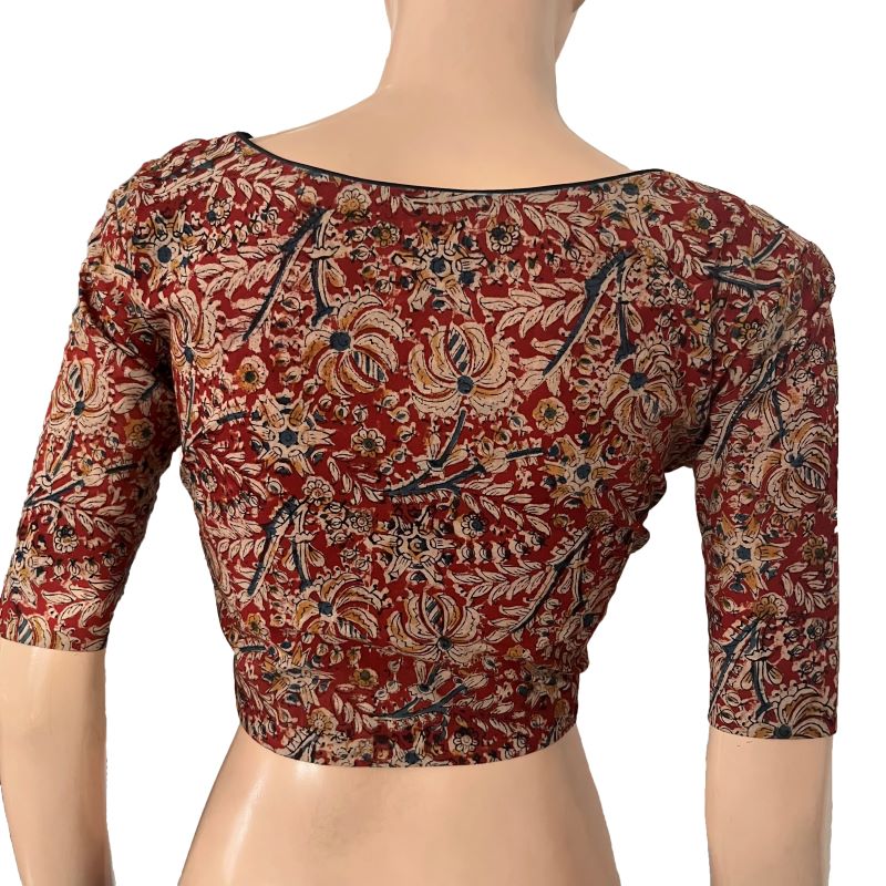 Kalamkari Cotton Square U neck Blouse , Maroon, BK1292