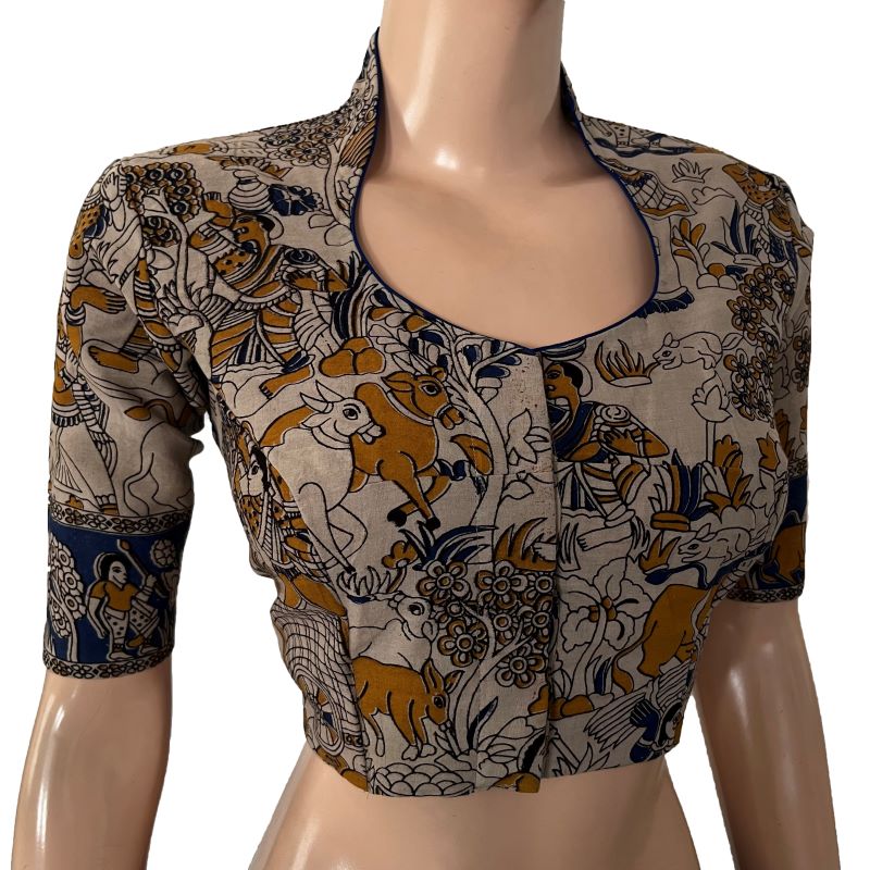 Kalamkari Cotton High neck Blouse with Lining ,Mutlicolour, BK1294