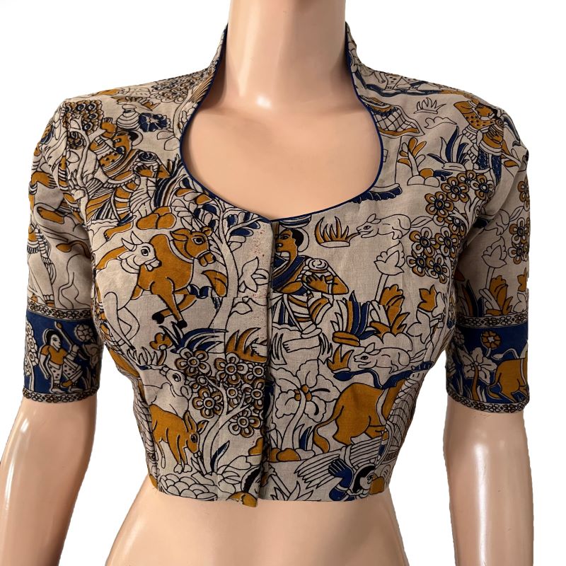 Kalamkari Cotton High neck Blouse with Lining ,Mutlicolour, BK1294