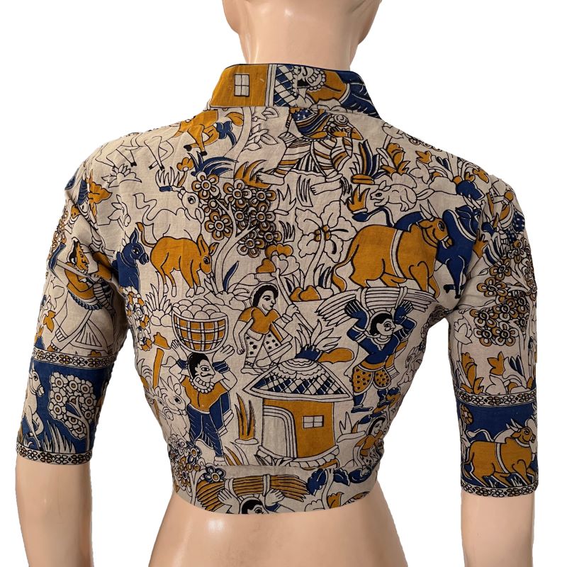 Kalamkari Cotton High neck Blouse with Lining ,Mutlicolour, BK1294