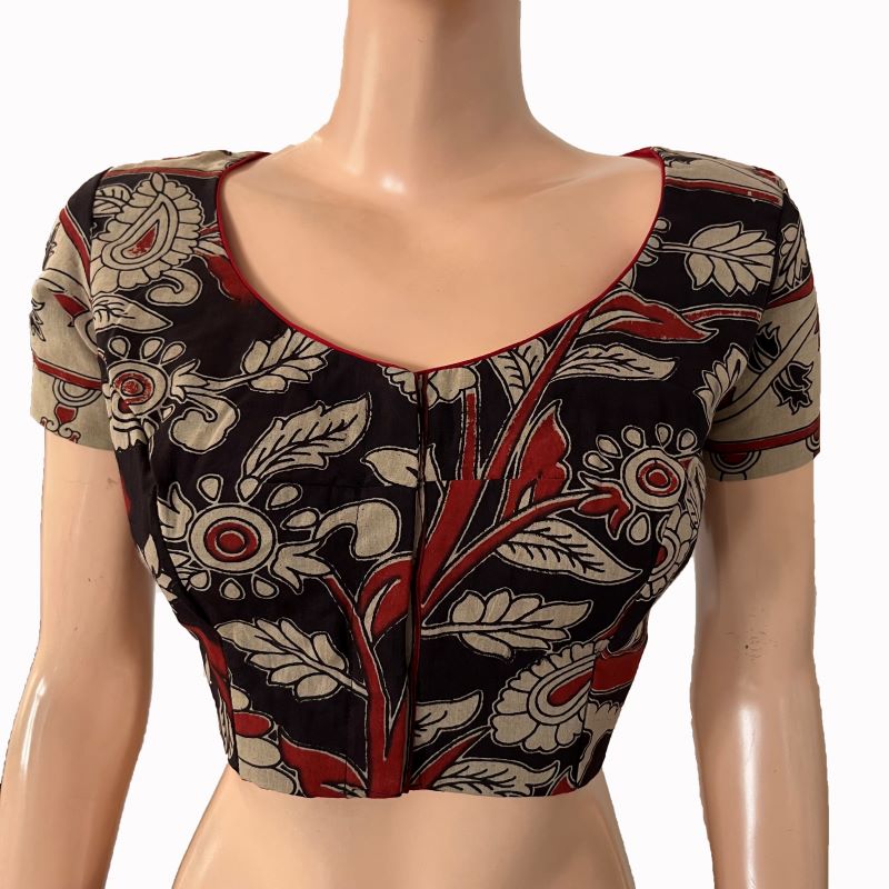 Kalamkari Cotton Round neck Blouse with Short Sleeves & Lining ,Black, BK1295