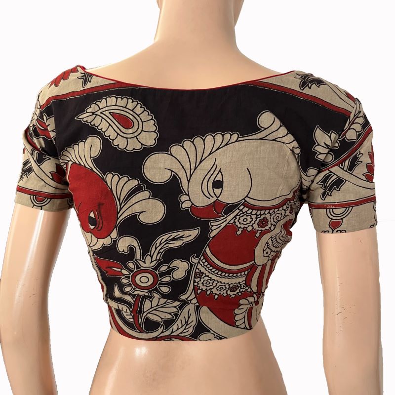 Kalamkari Cotton Round neck Blouse with Short Sleeves & Lining ,Black, BK1295