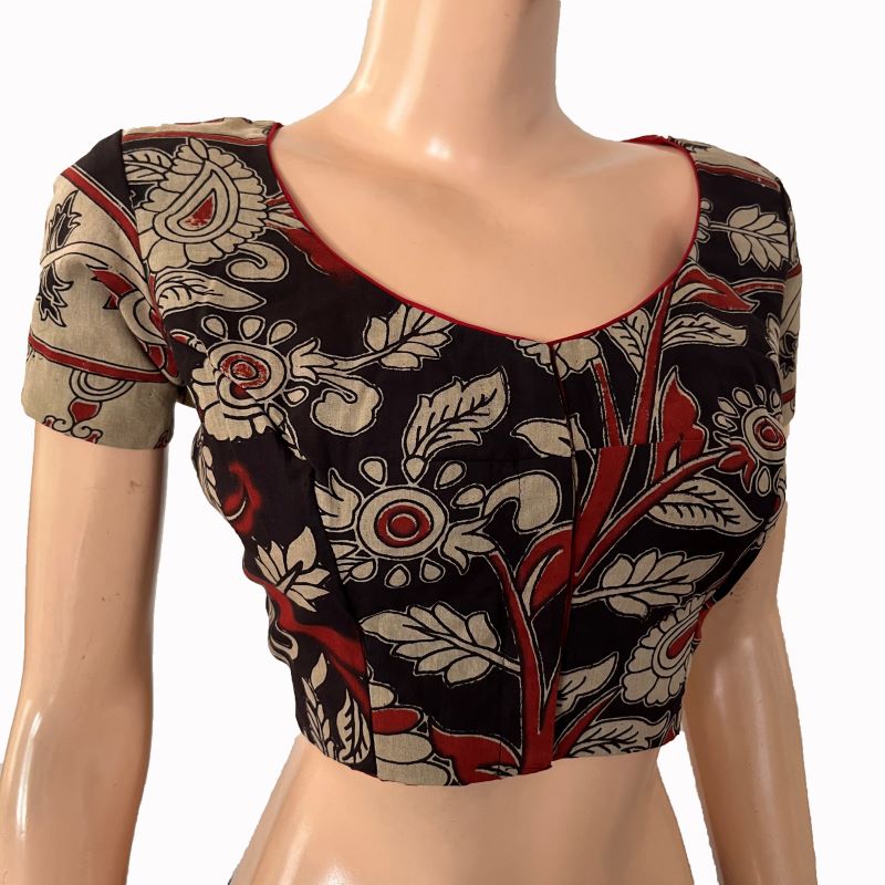 Kalamkari Cotton Round neck Blouse with Short Sleeves & Lining ,Black, BK1295