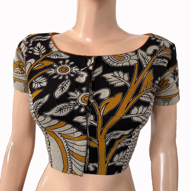 Kalamkari Cotton Boat neck Blouse with Short Sleeves & Lining ,Black-Yellow , BK1298