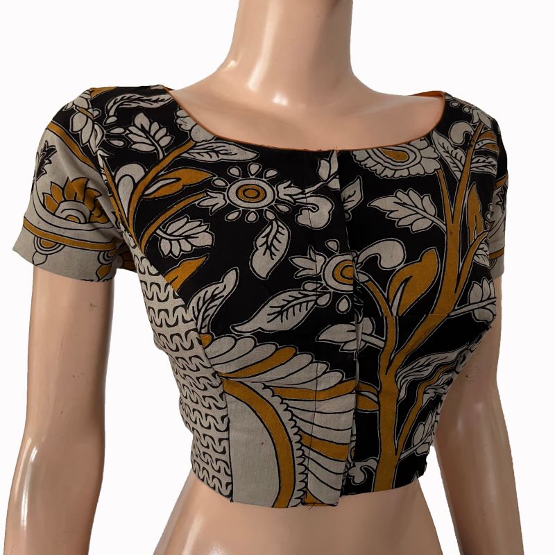 Kalamkari Cotton Boat neck Blouse with Short Sleeves & Lining ,Black-Yellow , BK1298
