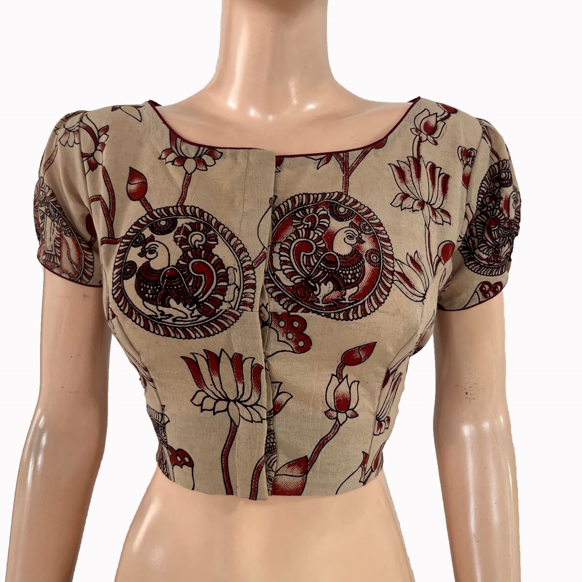 Kalamkari Cotton Boat Neck Blouse with Puff Sleeves ,Beige , BK1322.