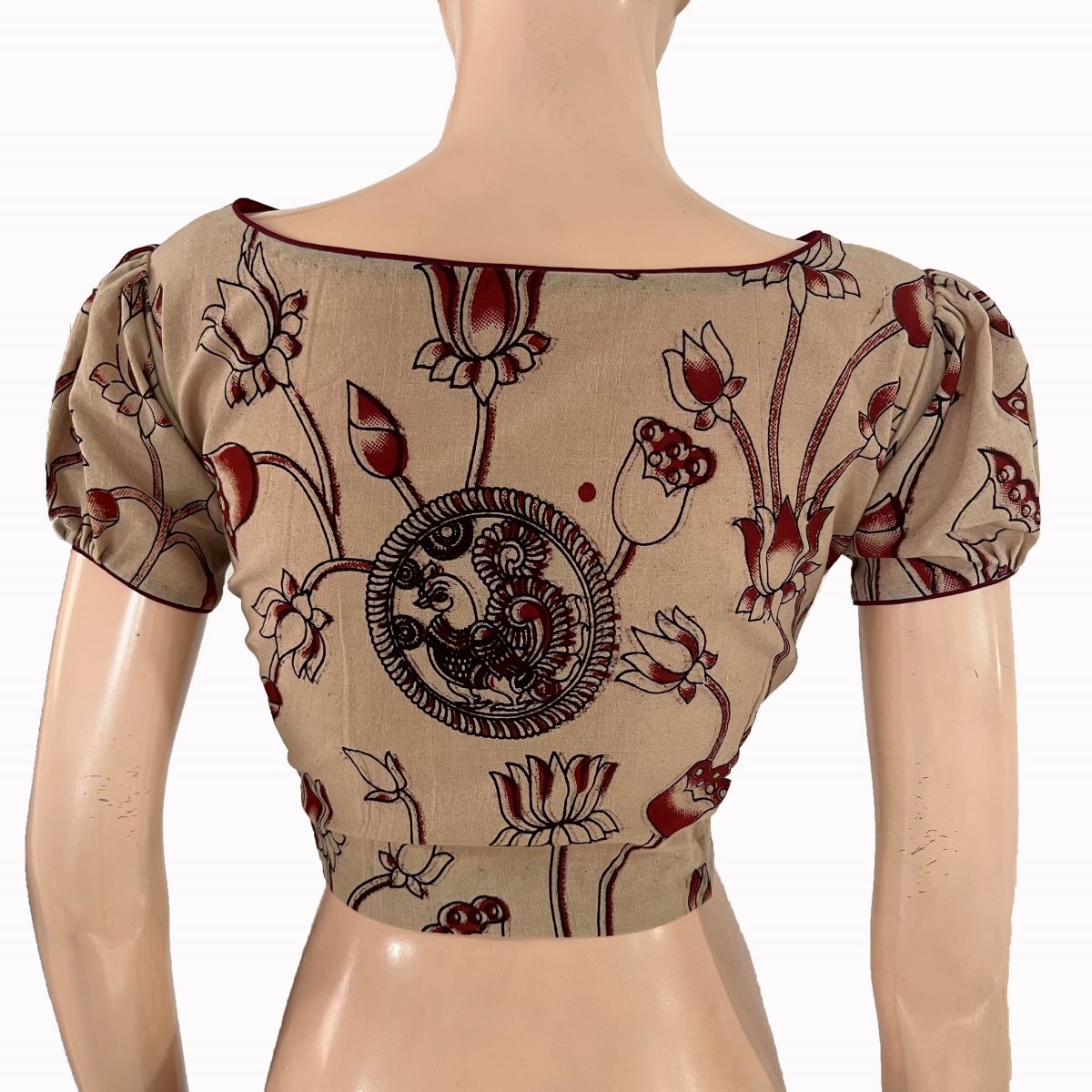 Kalamkari Cotton Boat Neck Blouse with Puff Sleeves ,Beige , BK1322.