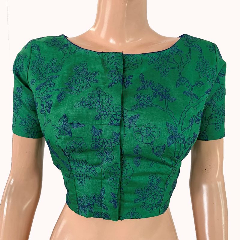 Pure Tussar Silk Boat Neck Blouse with Short Sleeves and Lining ,Green , BL1002