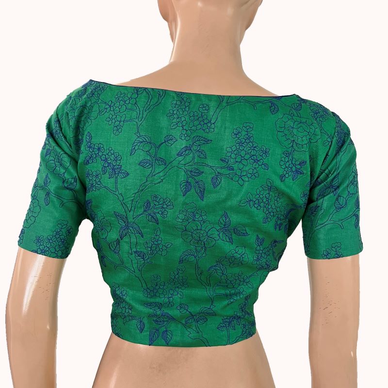 Pure Tussar Silk Boat Neck Blouse with Short Sleeves and Lining ,Green , BL1002