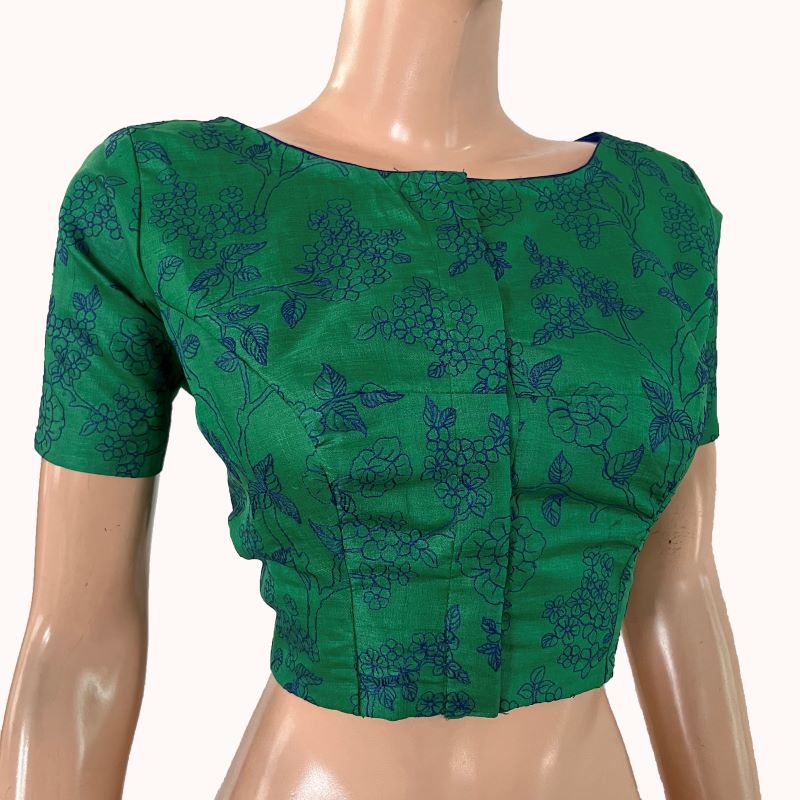 Pure Tussar Silk Boat Neck Blouse with Short Sleeves and Lining ,Green , BL1002