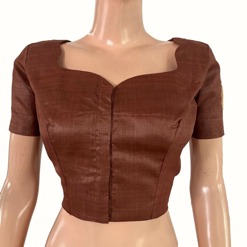 Pure Tusar Silk Scallop Neck Blouse with Embroidery Patches and Lining, Chocolate color , BL1003