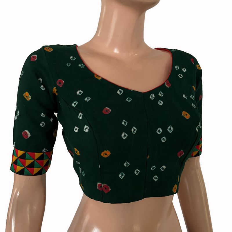 Bandhani Tie-Dye Round neck Blouse with Phoolkari lace, Bottle Green , BP1118