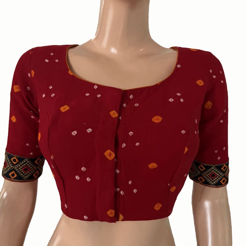 Bandhani Tie-Dye Round neck Blouse with Lining & Embroided lace border,  Red, BP1123 Bandhani Tie-Dye Round neck Blouse with Lining & Embroided lace border,  Red, BP1123