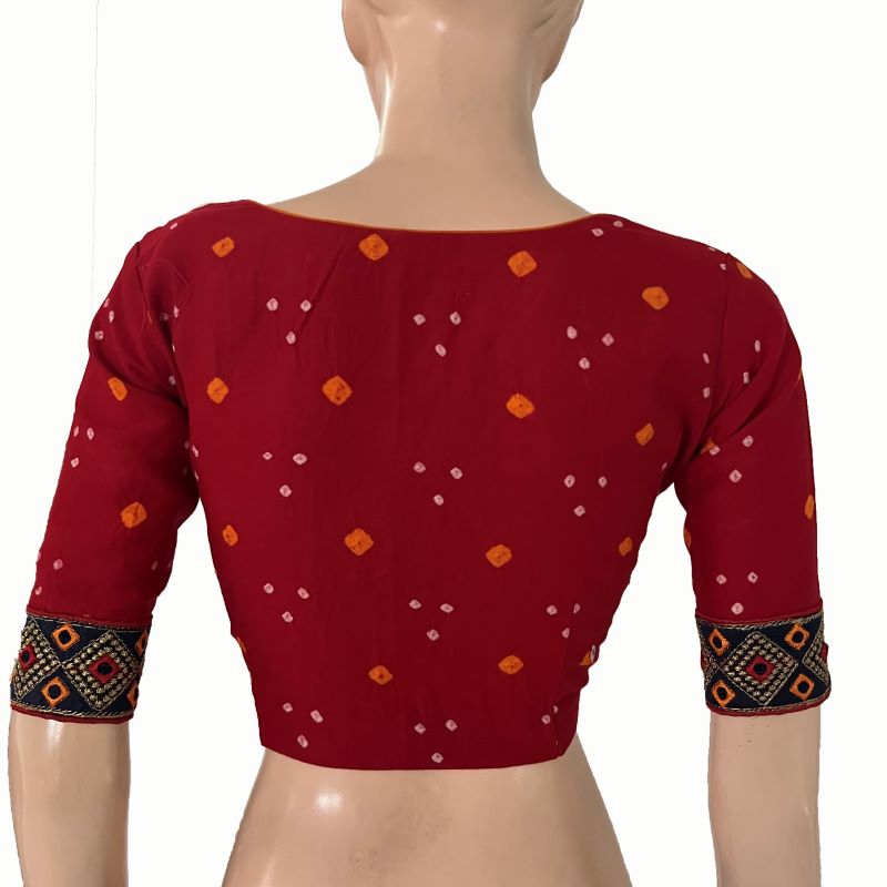 Bandhani Tie-Dye Round neck Blouse with Lining & Embroided lace border, Red, BP1123