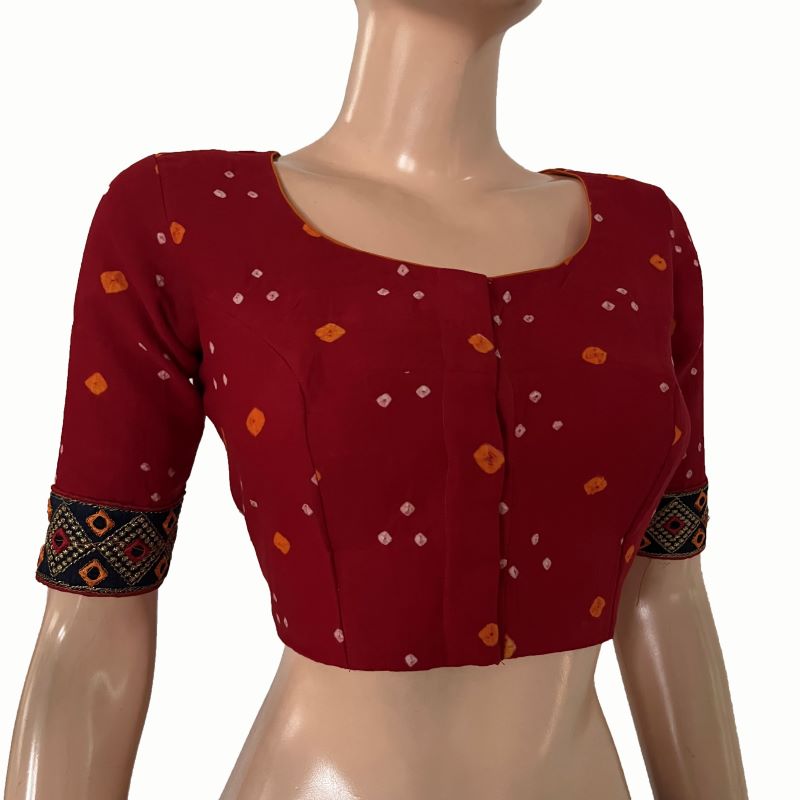 Bandhani Tie-Dye Round neck Blouse with Lining & Embroided lace border, Red, BP1123