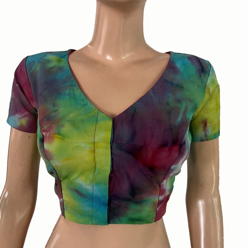 Shibori Cotton V Neck Blouse with Short Sleeves, Multicolor, BP1125
