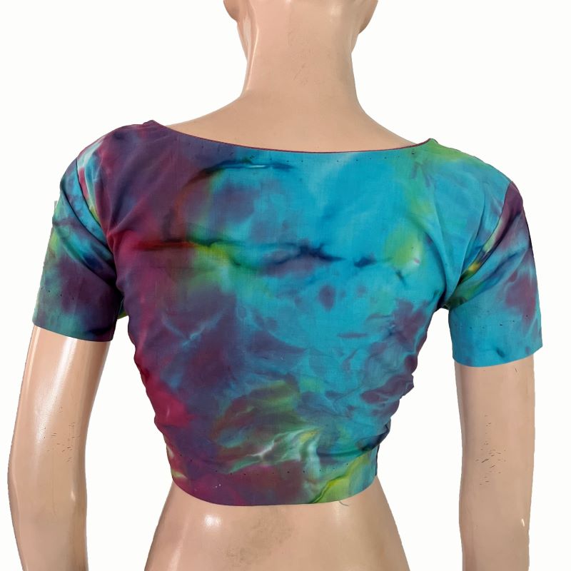 Shibori Cotton V Neck Blouse with Short Sleeves, Multicolor, BP1125