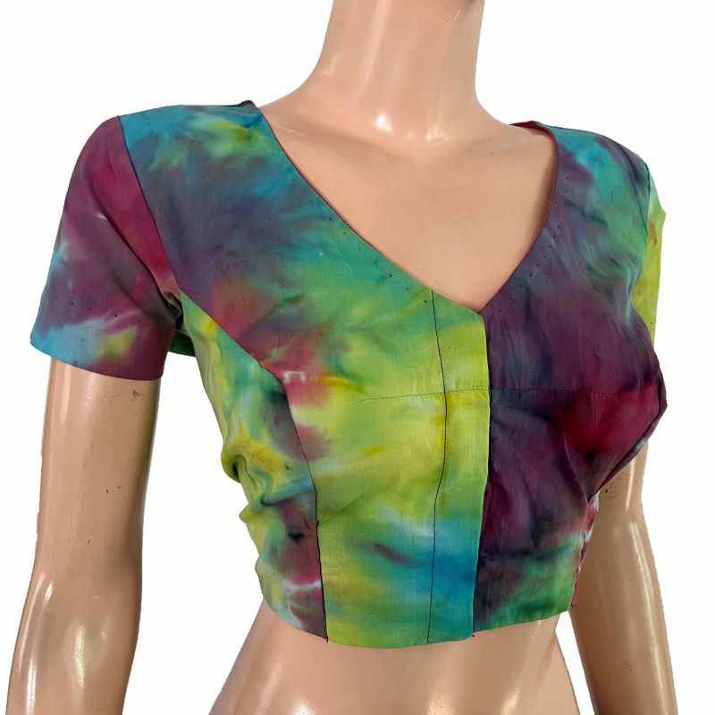 Shibori Cotton V Neck Blouse with Short Sleeves, Multicolor, BP1125