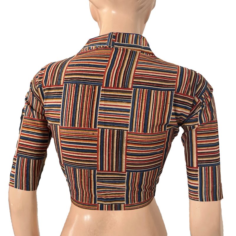 Block Printed Cotton Highneck Blouse, Red-Blue, BP1182