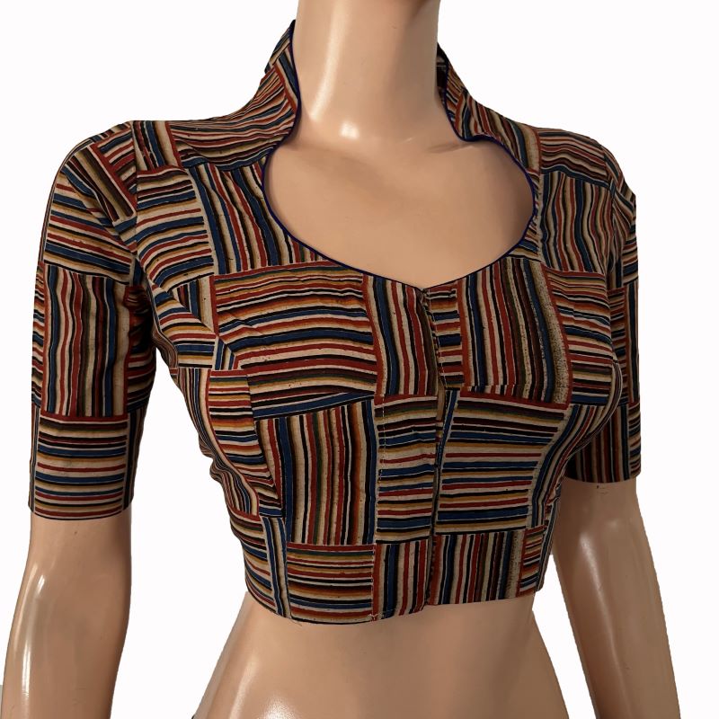 Block Printed Cotton Highneck Blouse, Red-Blue, BP1182
