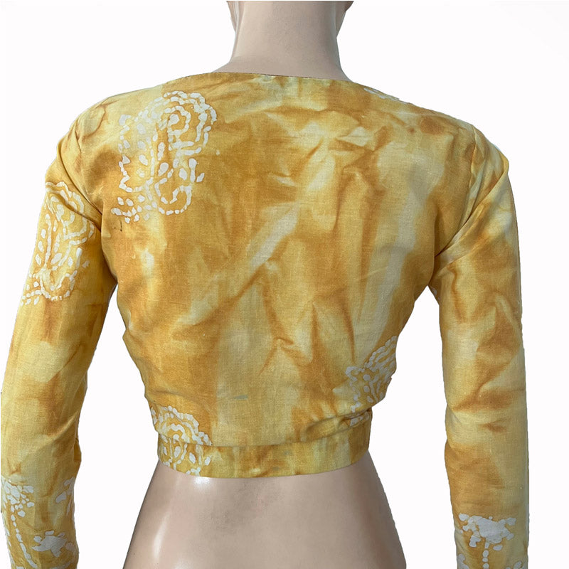 Bathik Printed Cotton Round neck Blouse, Yellow, BP1192