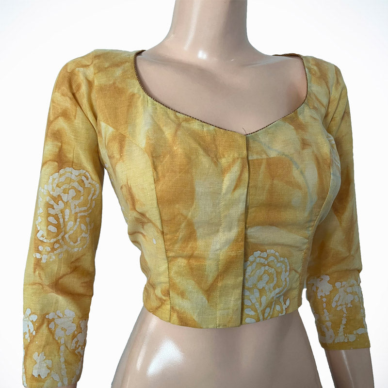 Bathik Printed Cotton Round neck Blouse, Yellow, BP1192