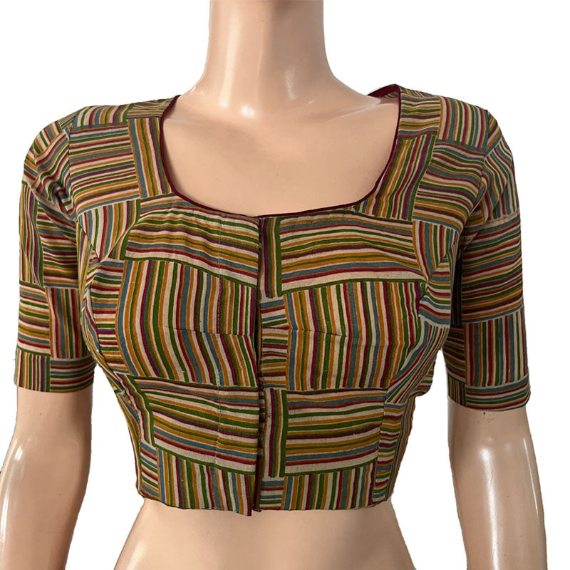Block Printed Cotton Square -U neck Blouse with Potli Button Details, Multicolor, BP1195