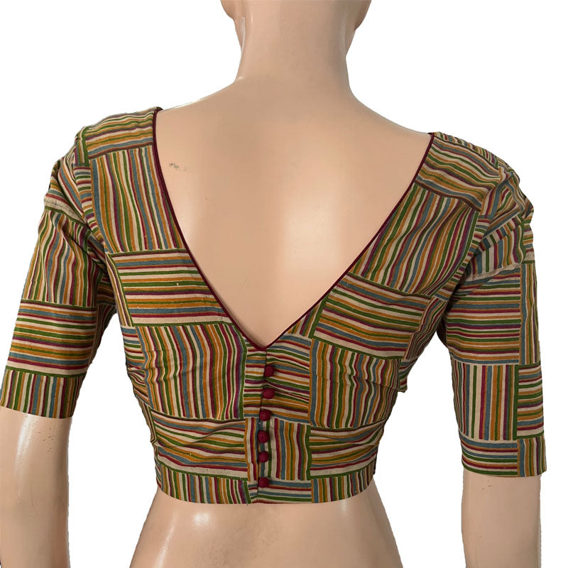 Block Printed Cotton Square -U neck Blouse with Potli Button Details, Multicolor, BP1195
