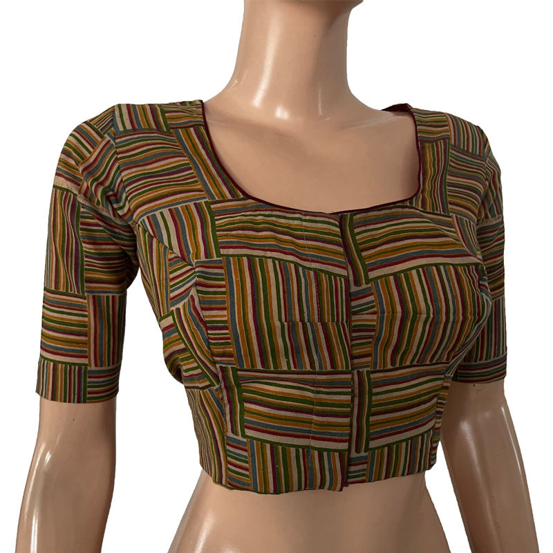 Block Printed Cotton Square -U neck Blouse with Potli Button Details, Multicolor, BP1195