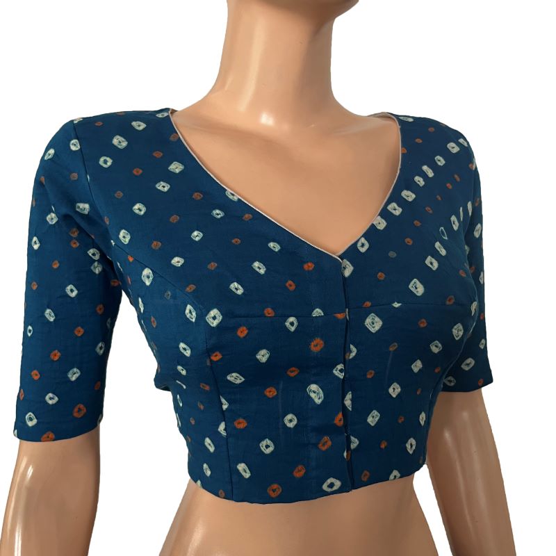 Bandhani Cotton V neck Blouse, Iris Blue, BP1200 Bandhani Cotton V neck Blouse, Iris Blue, BP1200