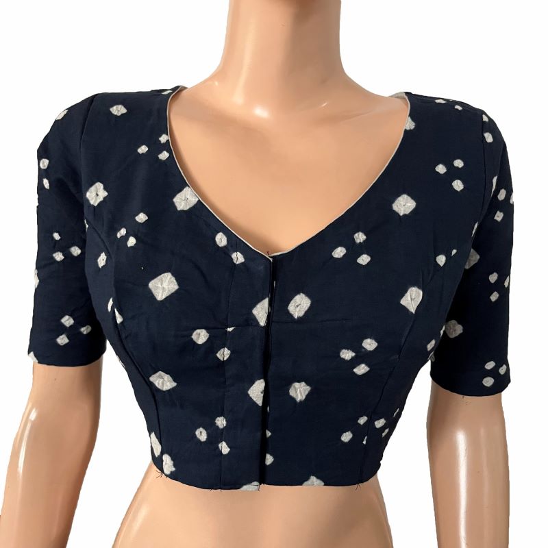 Bandhani Cotton V neck Blouse with Lining, Navy Blue, BP1201 Bandhani Cotton V neck Blouse with Lining, Navy Blue, BP1201