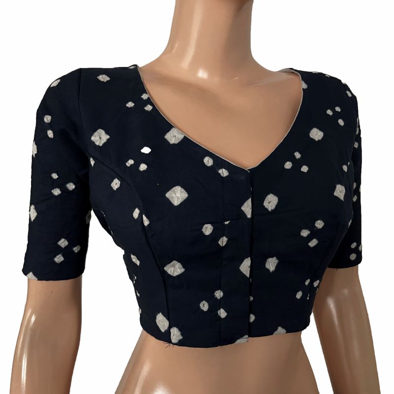 Bandhani Cotton V neck Blouse with Lining, Navy Blue, BP1201 Bandhani Cotton V neck Blouse with Lining, Navy Blue, BP1201