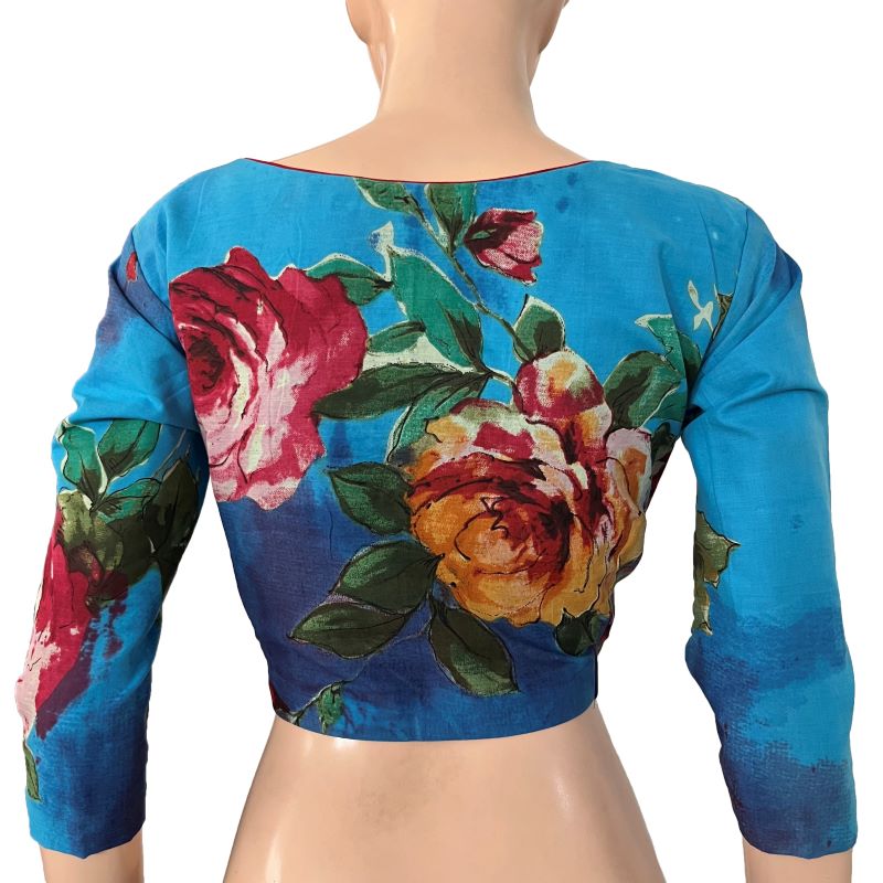 Digital Print Cotton Y neck Blouse with 3/4 sleeves & Lining, Blue, BP1206